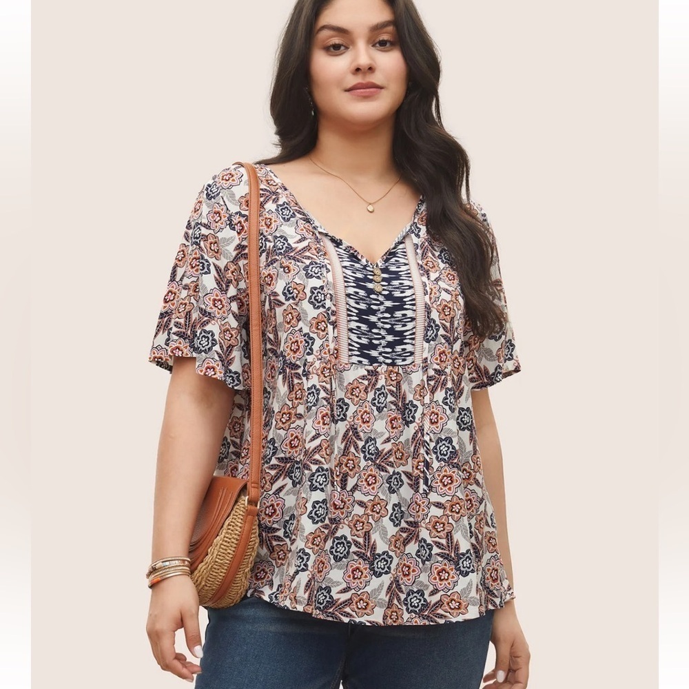 BloomChic Plus Size XL Boho Print Button Detail Ties Blouse us14-16